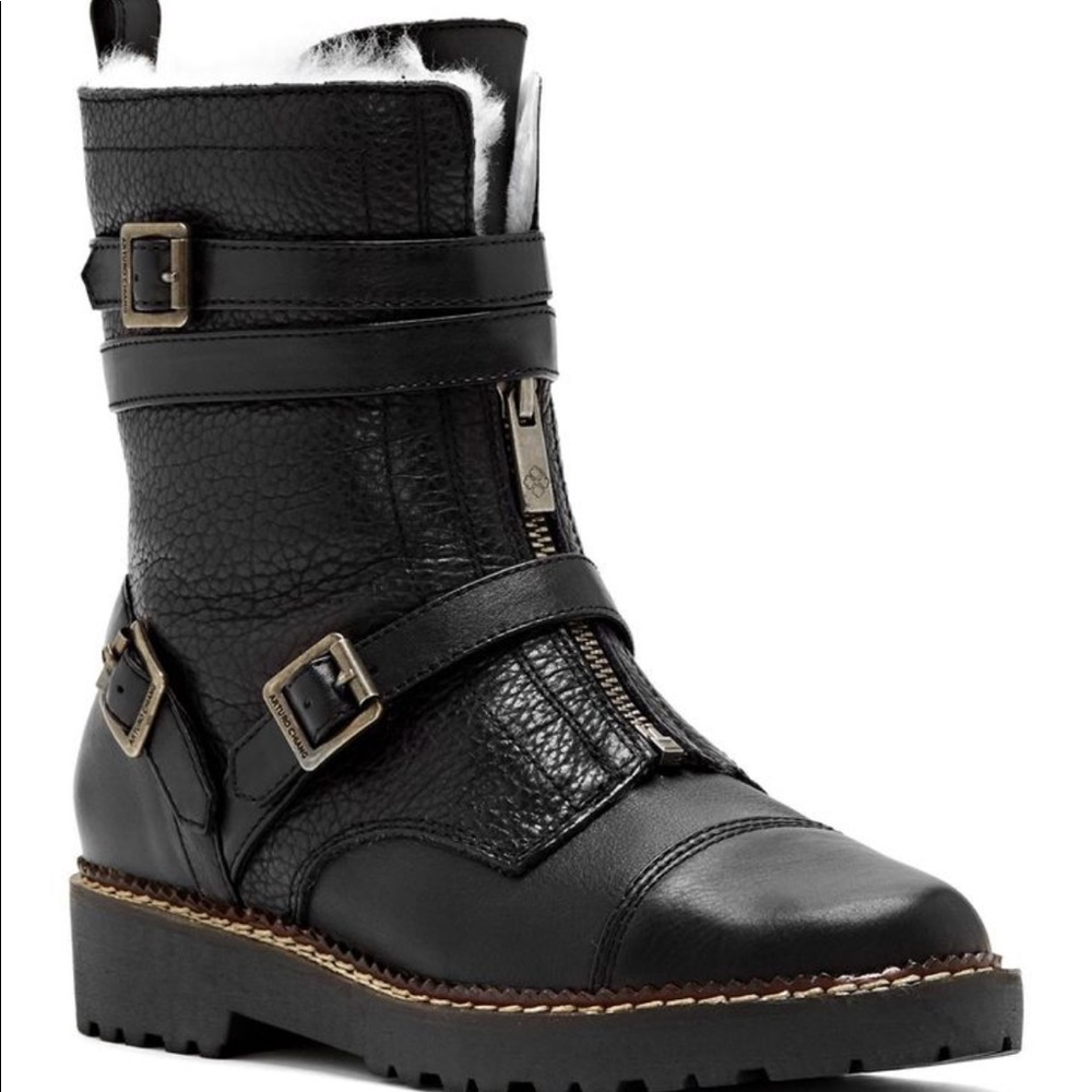 Arturo Chiang Black Leather Moto Boots Zipper Buckle Fur Lined 9.5